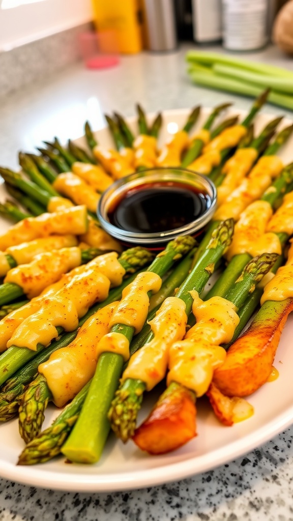 Cheesy garlic asparagus bites served on a plate, with a bowl of balsamic glaze on the side.